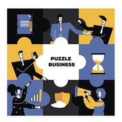 Business people in a blue puzzle collage with hourglass, graph and loudspeaker. Colorful vector illustration in modern flat style