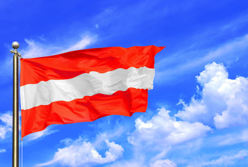 Austria Red And White Stripes National Flag Waving In The Wind On A Beautiful Summer Blue Sky