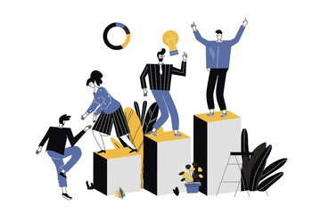 the career ladder of a businessman, workflow, ladder as the concept of achieving the goal, business development, construction site.Colorful vector illustration in modern flat style.