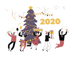 Vector illustration on celebration, party, winter holidays theme for postcard, poster.Christmas and New Year concept for greeting card with dancing peoples around big bright christmas tree.