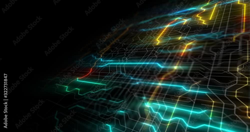 Poster circuit board futuristic server code processing. orange, green, blue technology background with boke