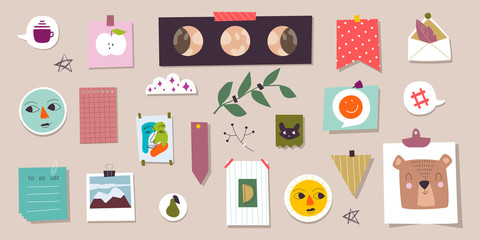 Set of paper stickers and various items on the background. All objects isolated.