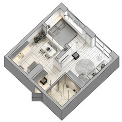 Small apartment with a spacious layout. Angled view