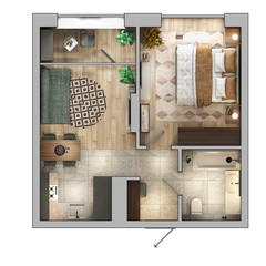 Standard layout of a studio apartment. Top view.