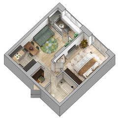 Standard layout of a studio apartment. Angled view