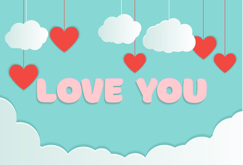 Valentines of paper craft design, red hearts and clouds are holding by sting on top, soft blue background , Happy Valentine's Day Paper cut style on greeting card and poster. Vector illustration