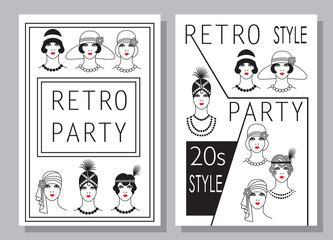 a set of postcards, invitations to a retro party in the style of the 20s of the last century.  		linear black and white drawing, a lot of different female images, the inscription retro party.  		vecto