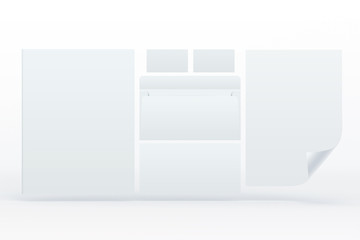 Blank Corporate Stationery Set soaring in the air isolated on white. Mockup template for branding identity for graphic designers presentations and portfolios. 3d render.