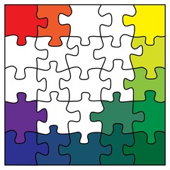 mosaic of puzzles of different colors. in the center only the outline of the puzzles