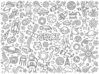 Cartoon hand drawn vector doodle set of Space symbols and objects.