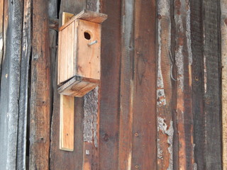 old birdhouse nailed to the textured wall of a wooden house