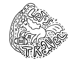 Let's travel doodle with lettering. hand drawn thin line card about travelling. Cute unicorn with closed eyes holding a suitcase .