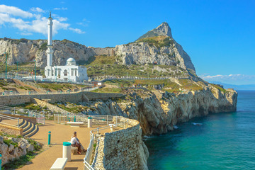 Gibraltar, United Kingdom - April 24, 2016: Europa Point with Ibrahim-al-Ibrahim Mosque and the profile of Gibraltar Rock. Europa Point is the southernmost point of Gibraltar, old European territory. © bennymarty