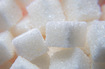 Background of refined sugar pieces. Macro mode. Selective focus.Sweet food ingredient, white pieces of cubes. Concept of cooking, baking, diet, health risk, diabetes, calorie content.