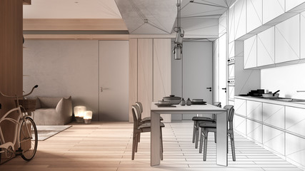 Architect interior designer concept: unfinished project that becomes real, minimalist kitchen with dining room, dining table laid for two, chairs, parquet, armchair, design concept