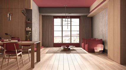 Minimalist kitchen with dining room in red tones with wooden and concrete details, dining table laid for two, chairs, parquet floor, armchair, pendant lamps, interior design concept