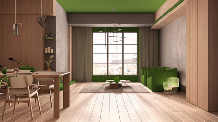 Fototapeta premium Minimalist kitchen with dining room in green tones with wooden and concrete details, dining table laid for two, chairs, parquet, armchair, pendant lamps, interior design concept