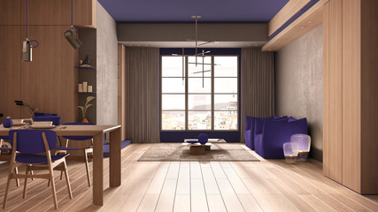 Minimalist kitchen with dining room in purple tones with wooden and concrete details, dining table laid for two, chairs, parquet, armchair, pendant lamps, interior design concept
