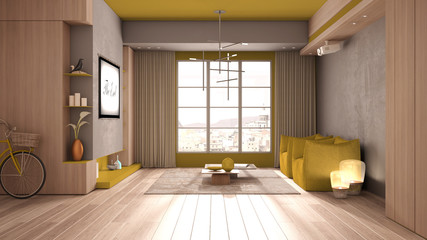 Minimalist living room in yellow tones with wooden and concrete details, window, curtains, parquet, armchairs, carpet and tables. Headlamp projecting movie, interior design concept