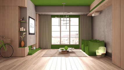 Minimalist living room in green tones with wooden and concrete details, window, curtains, parquet, armchairs, carpet and tables. Headlamp projecting movie, interior design concept