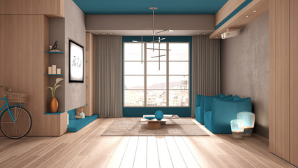 Minimalist living room in blue tones with wooden and concrete details, window, curtains, parquet, armchairs, carpet and tables. Headlamp projecting movie, interior design concept