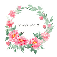 Watercolor wreath of pink peonies on an isolated white background. To create cards, invitations, decor.