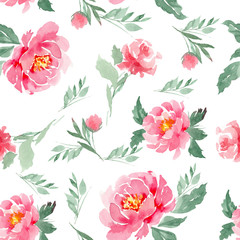 Seamless pattern of watercolor pink peonies on a white background. Can be used for backgrounds, prints on fabric, paper.