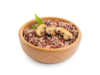 Delicious brown rice in bowl isolated on white