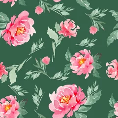 Poster Seamless pattern of watercolor pink peonies on a green background. Can be used for backgrounds, prints on fabric, paper. © Юлия Корниевич