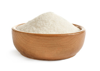 Granulated sugar in bowl isolated on white