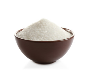 Granulated sugar in bowl isolated on white