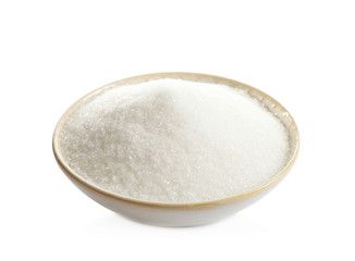 Granulated sugar in bowl isolated on white
