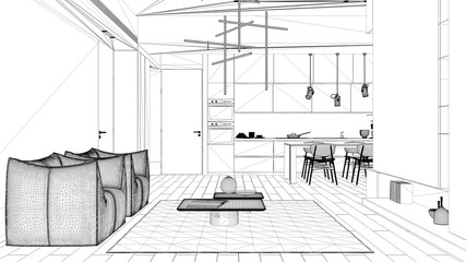 Blueprint project draft, minimalist living room and kitchen, dining table with chairs, parquet floor, armchairs, carpet and tables, pendant lamps and decors. Interior design concept