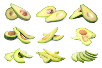 Set of delicious fresh avocados on white background