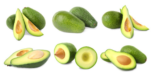 Set of delicious fresh avocados on white background