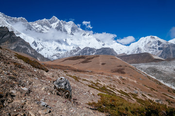 Lhotse 8516m mountain South Face - is 4th highest peak in the world. South Face - one of the most dangerous climbing routes. Everest Base Camp route near Chukhung settlement , Nepal. - obrazy, fototapety, plakaty