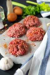 minced pork cutlets with spices, garlic. greens,