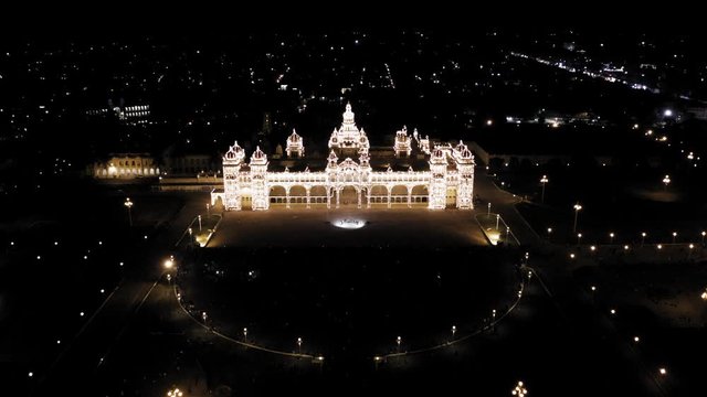 Aerial footage of Mysore Palace at night, Karnataka state, India