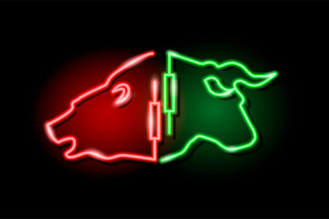 Neon silhouette of bull and bear heads with japanese candlestick symbol isolated on black background. Stock market concept. Vector 10 eps illustration.