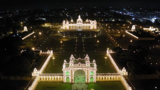 Aerial footage of Mysore Palace at night, Karnataka state, India