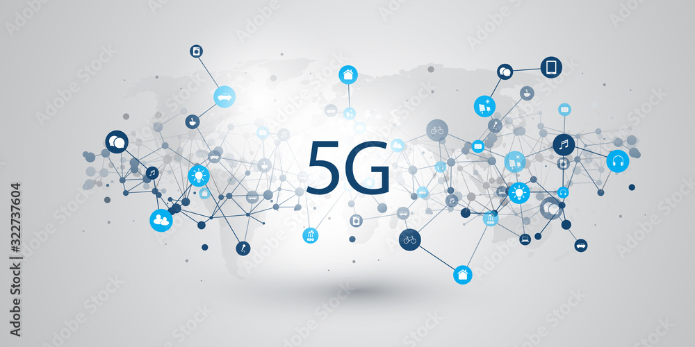 Poster 5g network label with icons representing various kinds of devices and services - high speed, broadba