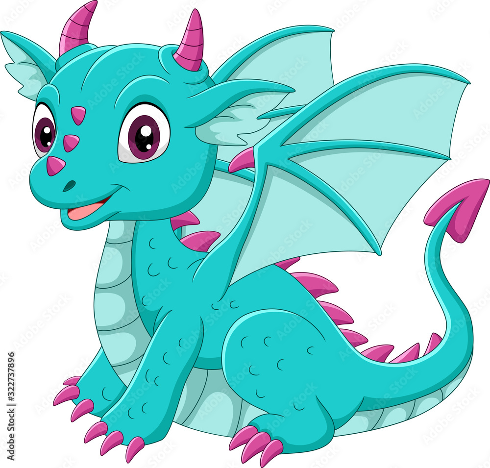 Wall mural cartoon baby blue dragon sitting