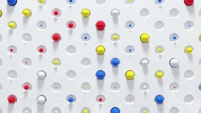 Blue 3D abstract animation of different blue, yellow, red and white balls scale on textured surface with shadows. 4K seamless loop animation background footage.