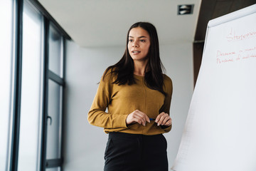Portrait of businesswoman standing by flipchart while working in office