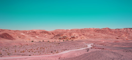 Mars planet style concept picture of desert landscape sand stone ground dry wasteland scenic view rocky hills horizon background warm region copy space