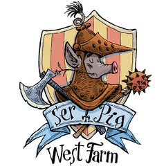 Knight of pigs in armour in front of a medieval shield