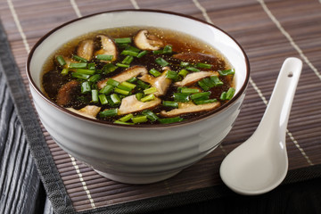 Asian soup with shiitake mushrooms, green onions close-up in a bowl. horizontal