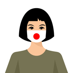Japanese girl with virus protective mask in Japanese national flag colors. Coronavirus alert vector poster.