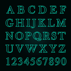 Glowing neon alphabet with letters from A to Z and numbers from 1 to 0. Trend color 2020 - aqua Menthe,