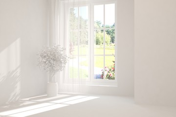 Stylish empty room in white color with summer landscape in window. Scandinavian interior design. 3D illustration